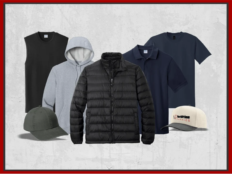 North Prime Graphics branded apparel lineup — puffer jacket, hoodie, polo, t-shirt, and embroidered caps