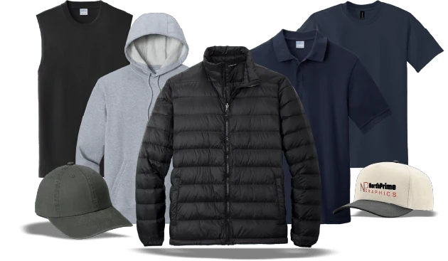 Custom-branded apparel from North Prime Graphics, including jackets, hoodies, polos, and embroidered caps