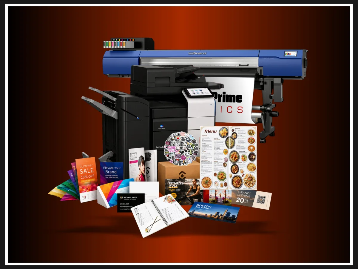 North Prime Graphics large-format printer, copier, and business printing samples including menus, business cards, and marketing materials