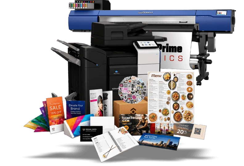 Business printing samples from North Prime Graphics — printed menus, business cards, and marketing materials