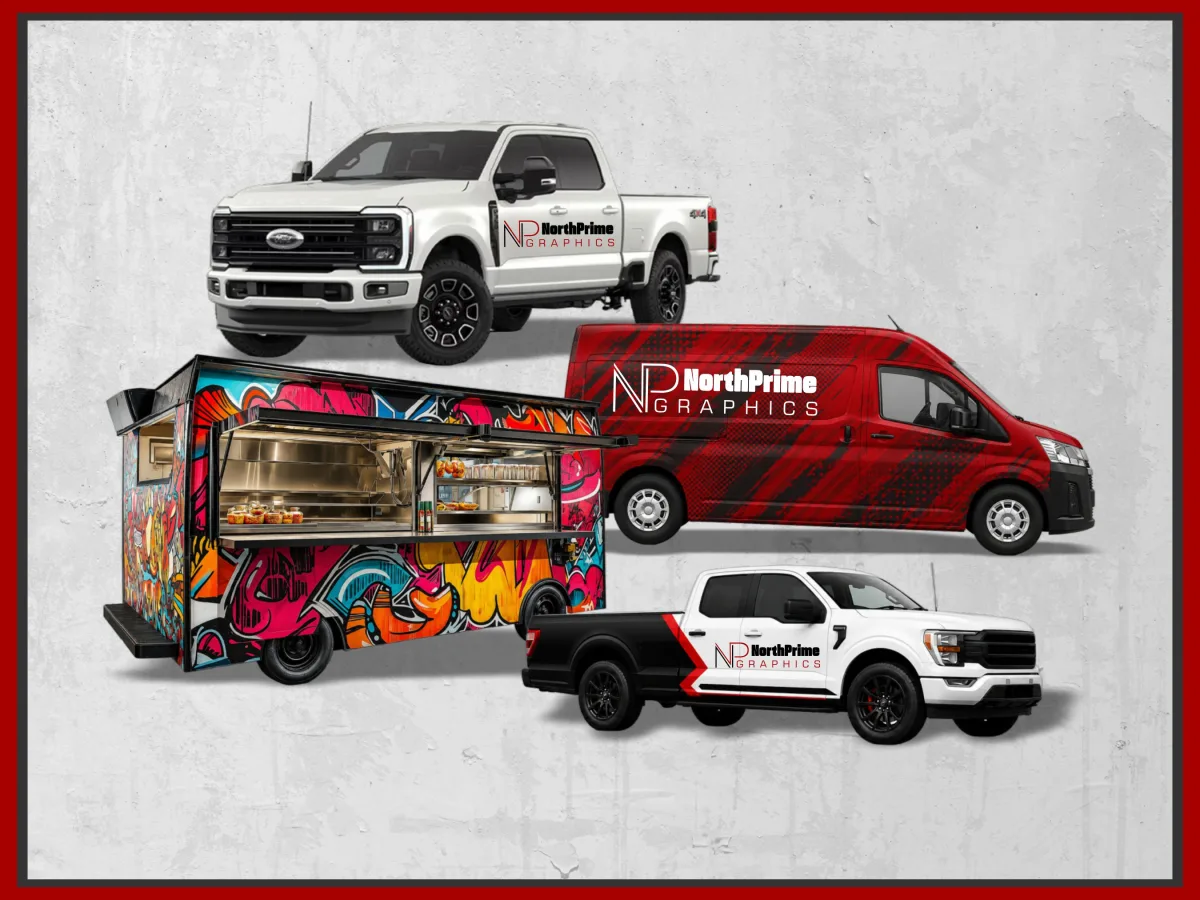 North Prime Graphics vehicle wraps on a pickup truck, cargo van, and food trailer