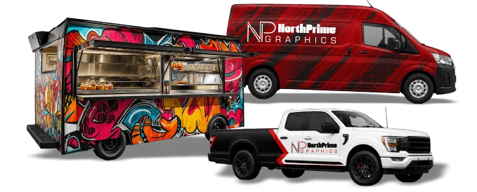 Wrapped food truck, cargo van, and pickup truck showcasing North Prime Graphics vehicle wraps